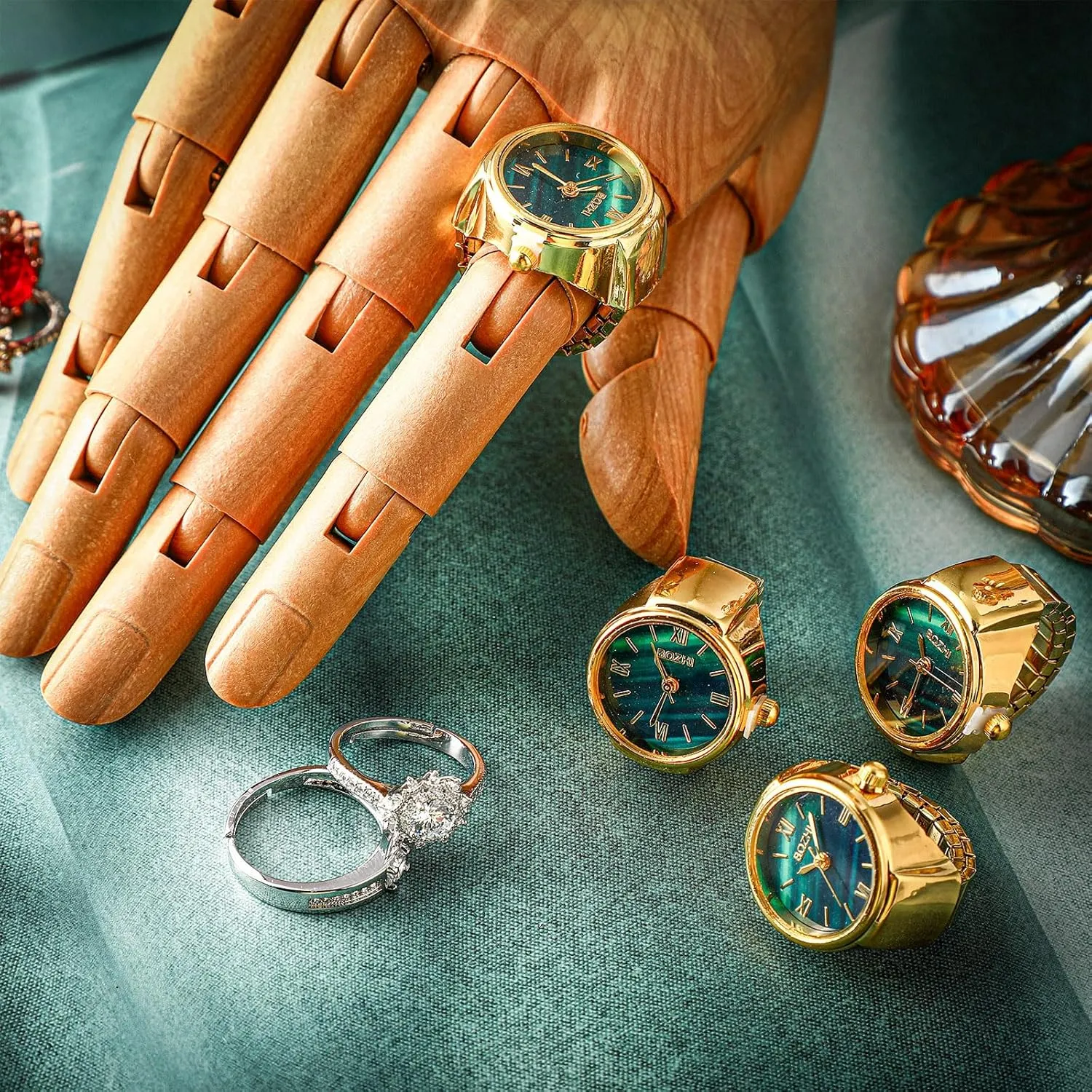 10 Pcs Finger Watches Ring for Women Men Adjustable Clock Rings Bulk Creative Elastic Round Quartz Finger Ring Watches