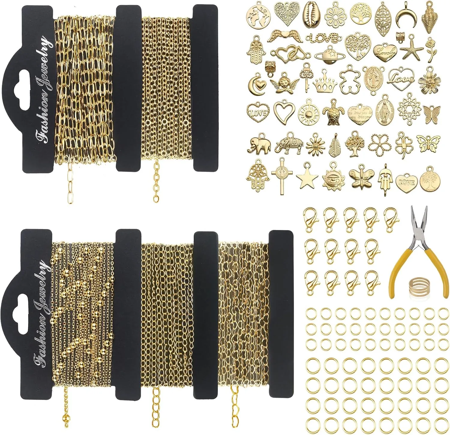 14k Gold Necklace Chain for Jewelry Making, 16.6 Feet Total (5 Rolls) DIY Bracelet Chains with 300 Jump Rings, 50 Lobster Clasps, 1 Jewelry Pliers,1 Support Ring and 50 Pendants