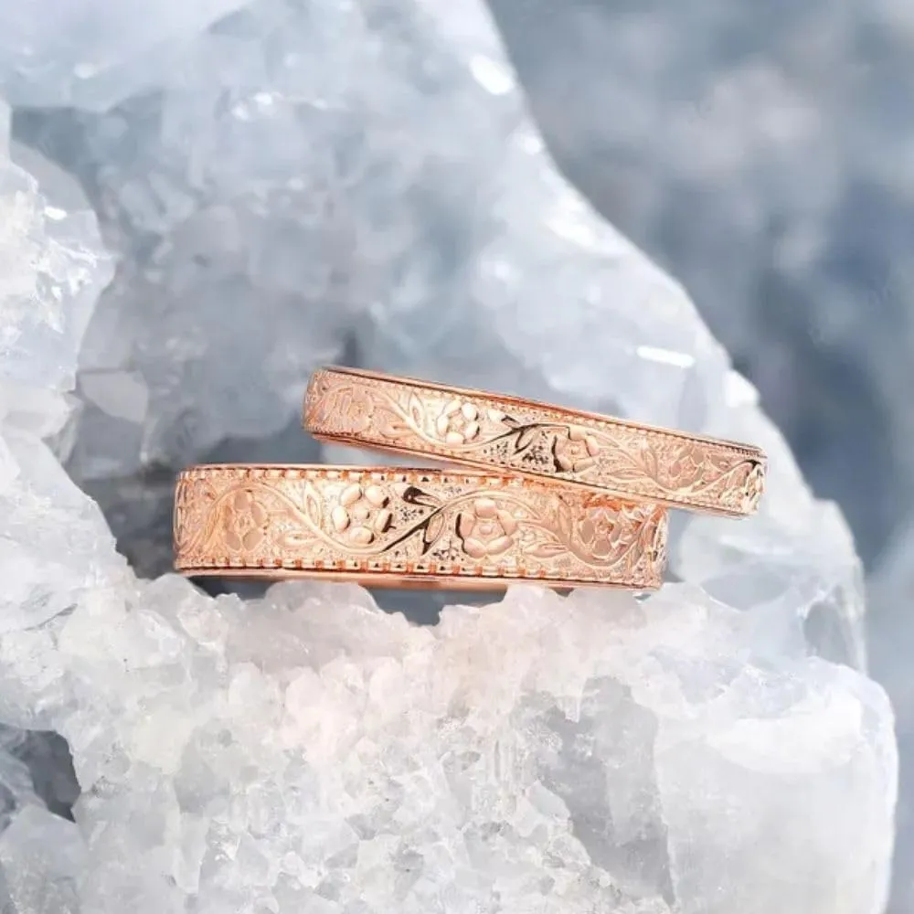 14K Rose Gold Plated Nature Inspire Leaf Floral His Her Couple Band Set Handmade 2 Pcs Bridal Men Women Wedding Band 925 Sterling Silver Customized Motif Pattern Stacking Matching Anniversary Ring Set