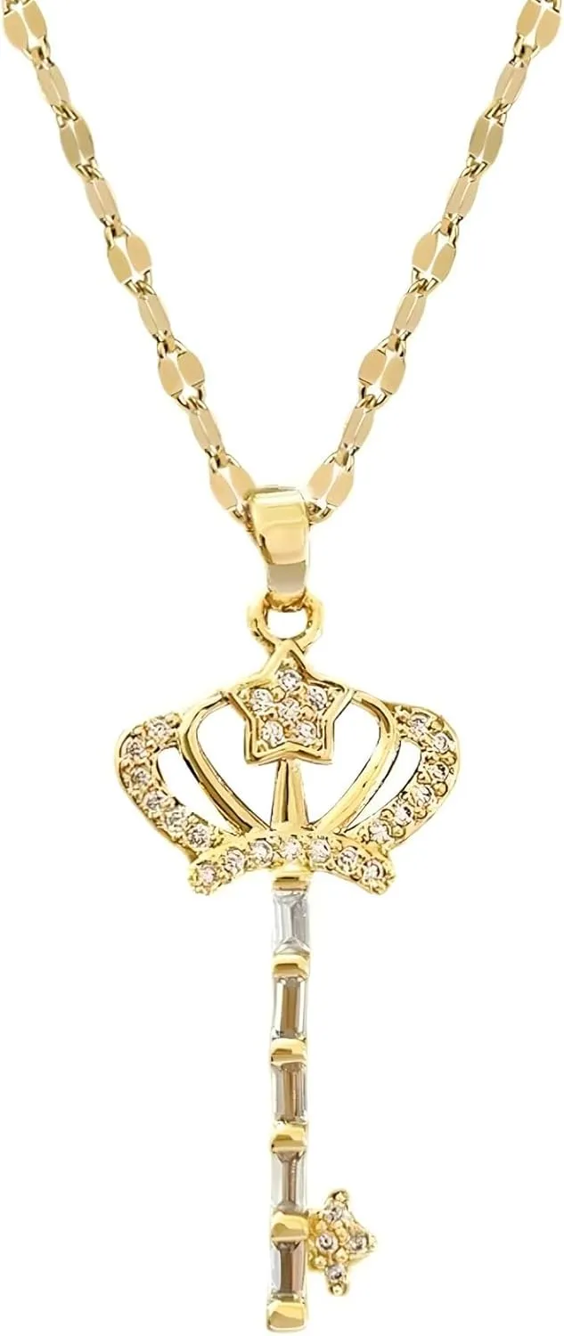 14K Yellow Gold Key Crown Necklace - 14K Yellow Gold Royal Charm Crown Necklace with Chain - Key Crown - Crown Necklace for Women