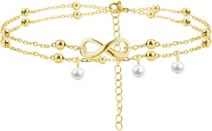 18K Gold Plated Ankle Bracelets for Women Dainty Layered Evil Eye Pearl Heart Gold Anklet for Women Teen Girls Stainless Steel Plus Size Ankle Bracelet Bohemian Foot Beach Jewelry