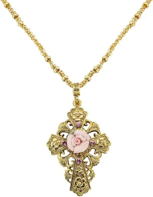 1928 Jewelry Cross Porcelain Rose Cross Pendant Necklace For Women 18 Inch Chain, Handmade Flowers, Timeless Floral Jewellery, Made In USA