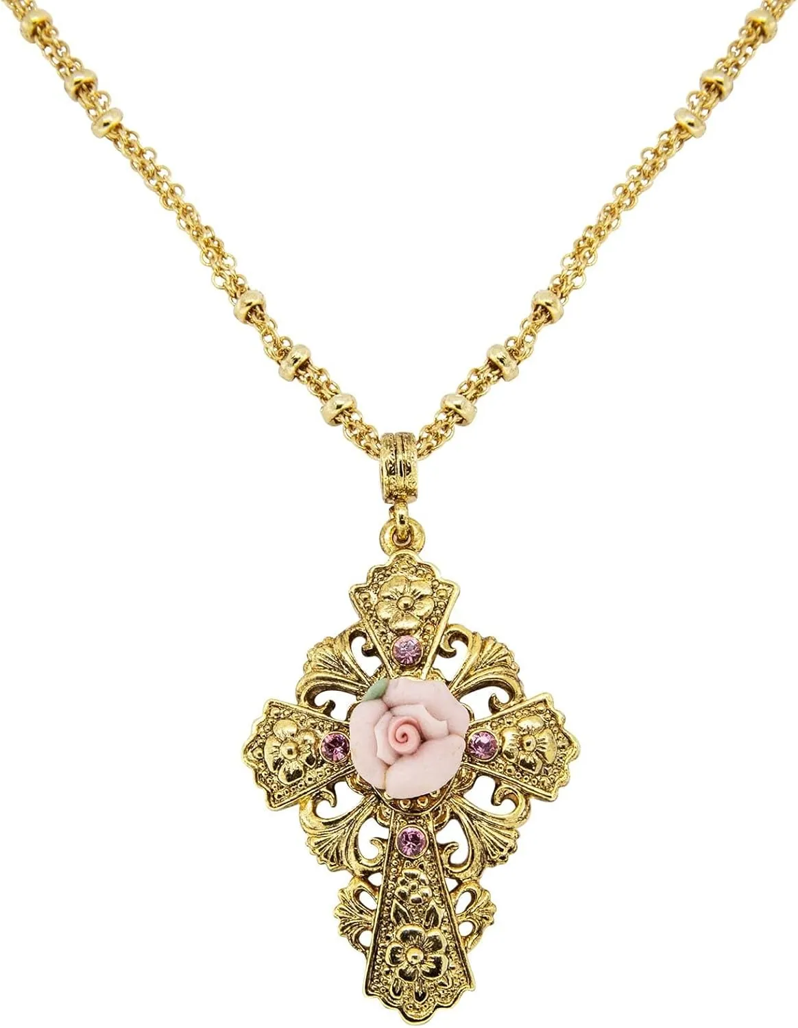 1928 Jewelry Cross Porcelain Rose Cross Pendant Necklace For Women 18 Inch Chain, Handmade Flowers, Timeless Floral Jewellery, Made In USA