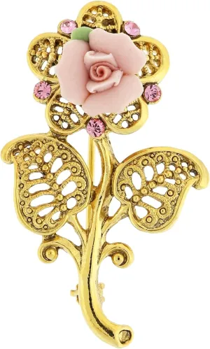 1928 Jewelry Pink Crystal And Porcelain Rose Brooch, Handcrafted Timeless Vintage Inpired Flowers, Great For Dresses, Scarfs, Hats, Lapels, 14K Gold Dipped, Made In USA