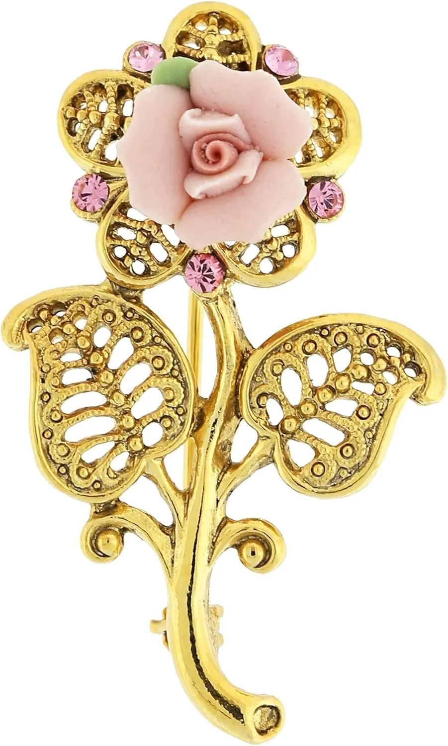 1928 Jewelry Pink Crystal And Porcelain Rose Brooch, Handcrafted Timeless Vintage Inpired Flowers, Great For Dresses, Scarfs, Hats, Lapels, 14K Gold Dipped, Made In USA