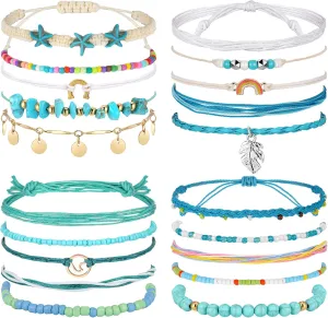 20 Pcs Beach Ankle Bracelets for Women Boho Layered Turquoise Anklets Adjustable Wave Rope Ankle Bracelet Beaded Charm Beach Jewelry Multilayer Foot Chain for Women, Assorted Styles