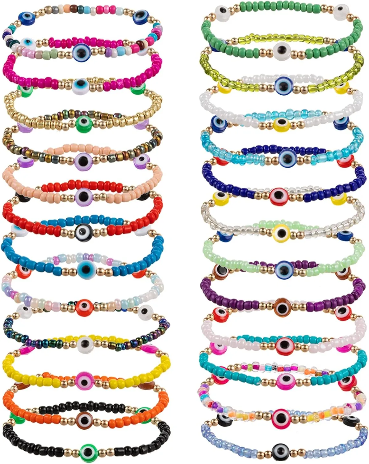 24 Pcs Beaded Evil Luck Eye Bracelets- Elastic Handmade Protection Bracelet Durable Mexican Bracelets Delicate Mal De Ojo Bracelets Evil Luck Eye Jewelry for Women Men Lucky Gift (Random Color)