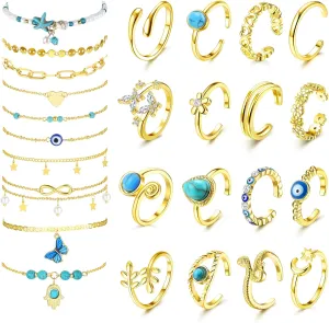 26PCs Toe Rings and Anklet Set for Women - Silver Gold Plated Layered Ankle Bracelets With Turquoise Evil Eye - Adjustable Beach Foot Jewelry
