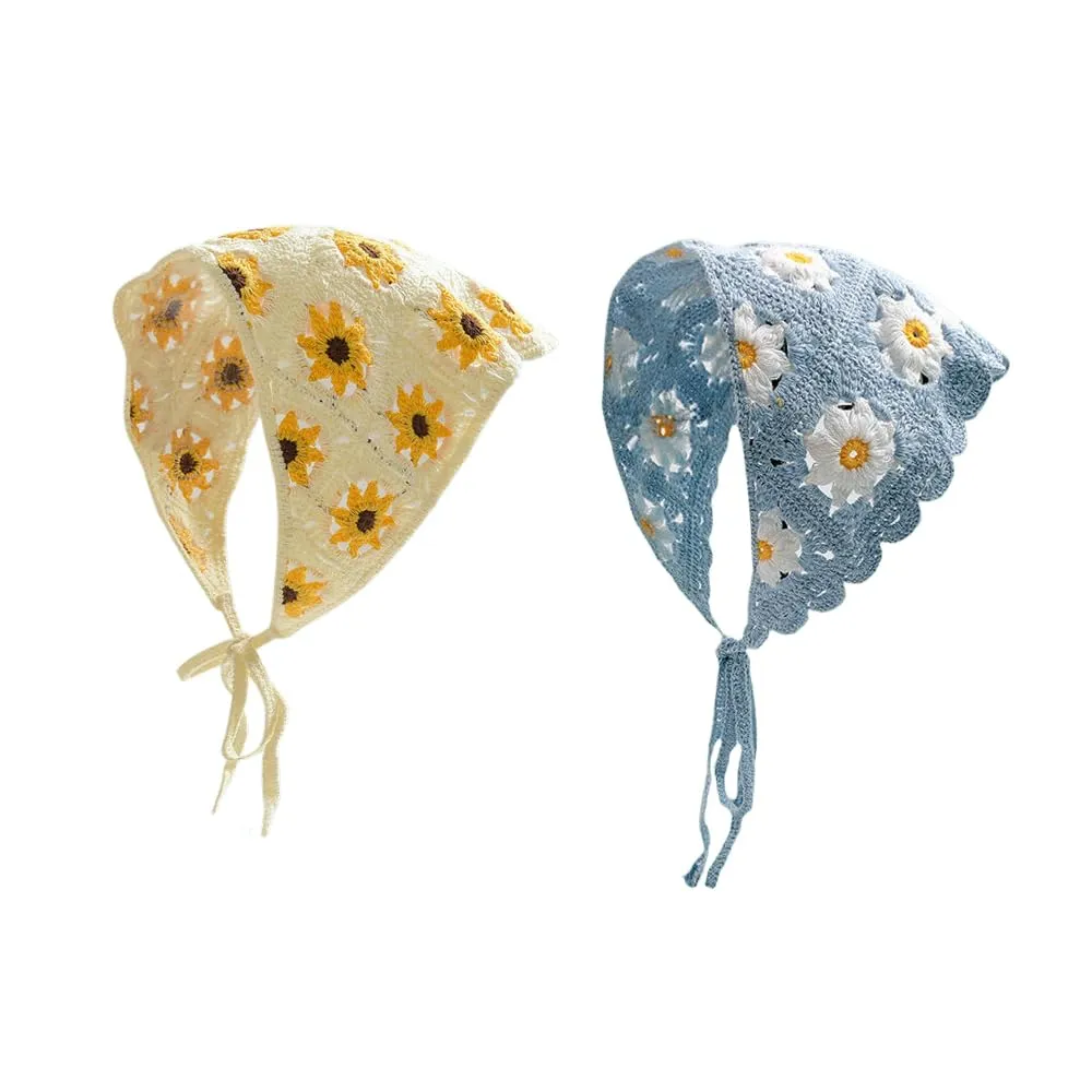 2Pcs Boho Crochet Headband Daisy Flower Pattern Triangle Bandana Turban Knitted Headband For Women Female