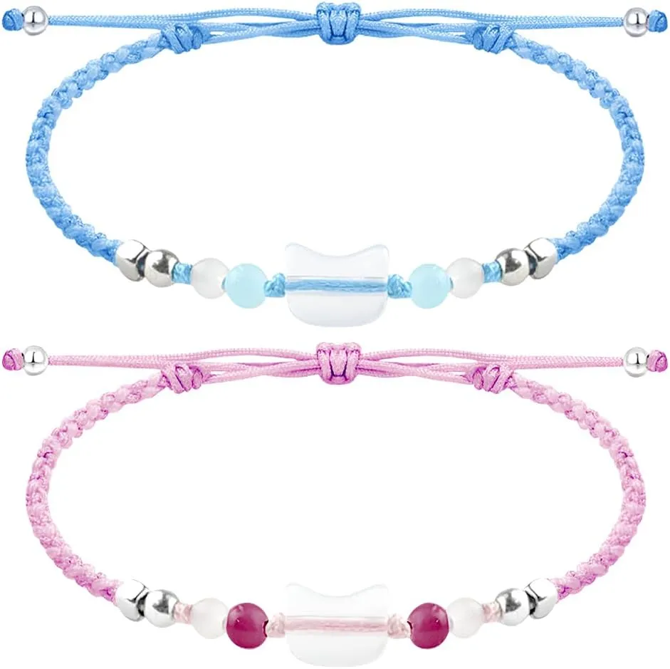 2Pcs Cute Cat Bracelet Set Resin Moonstone Friendship Bracelets for Women Trendy Blue Pink Beaded Bracelets for Women Dainty Adjustable Braided Rope Bracelet Summer Fashion Accessories Womens Jewelry