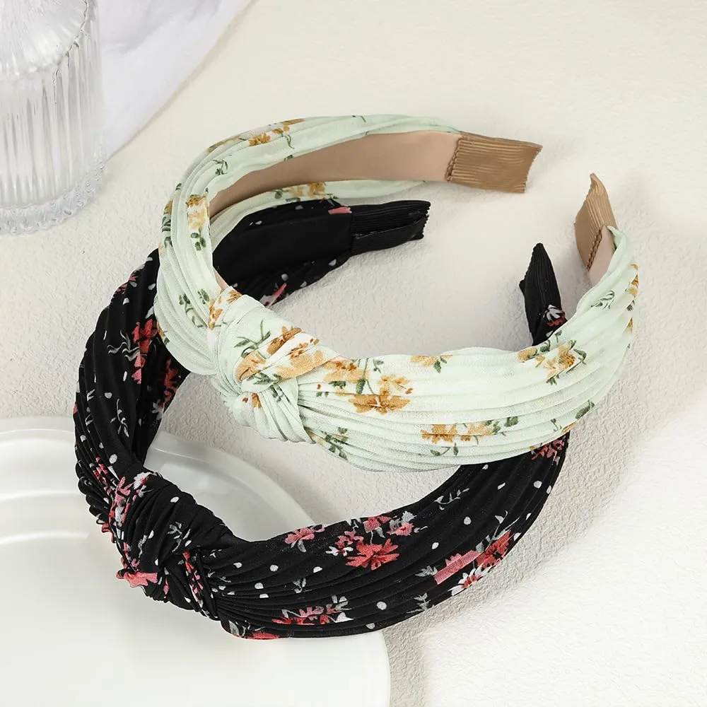 2Pcs Floral Headbands for Women | Floral Pattern Top Knotted Headbands | Cross Knot Headbands | Twisted Non Slip Hairband Accessories for Women