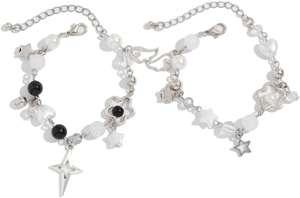 2PCS Punk Y2K Matching Bracelet for Women Men Cool Y2K Pearl Strawberry Envelope Love Heart Star Beaded Bracelets Set Aesthetic Grunge Punk Beads Bracelet for Couples Friends Jewelry Gifts
