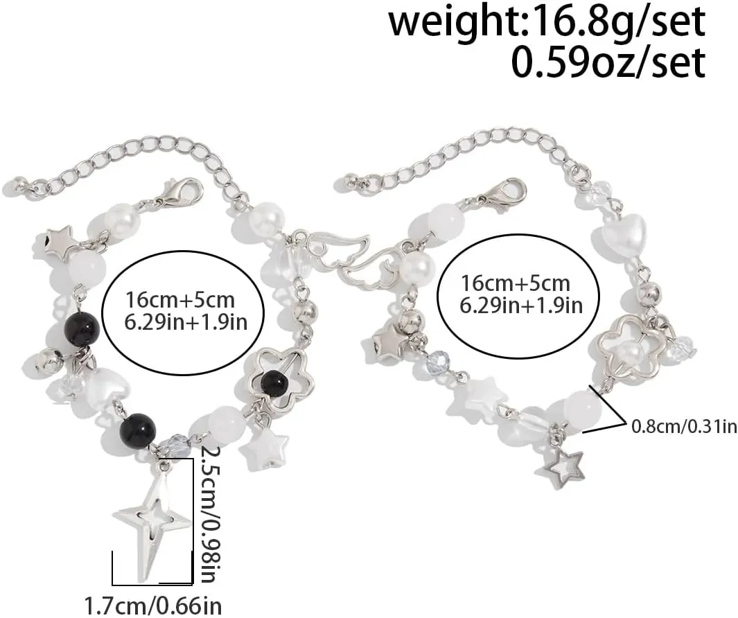 2PCS Punk Y2K Matching Bracelet for Women Men Cool Y2K Pearl Strawberry Envelope Love Heart Star Beaded Bracelets Set Aesthetic Grunge Punk Beads Bracelet for Couples Friends Jewelry Gifts
