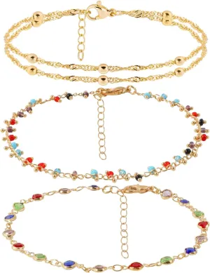 3 Pcs Ankle Bracelets for Women, Women's Gold Anklets for Women Waterproof Jewelry Gold Anklets for Women Non Tarnish, Dainty Cuban Link Anklets for Womens Ankle Bracelets, Cute Summer Beach Anklets