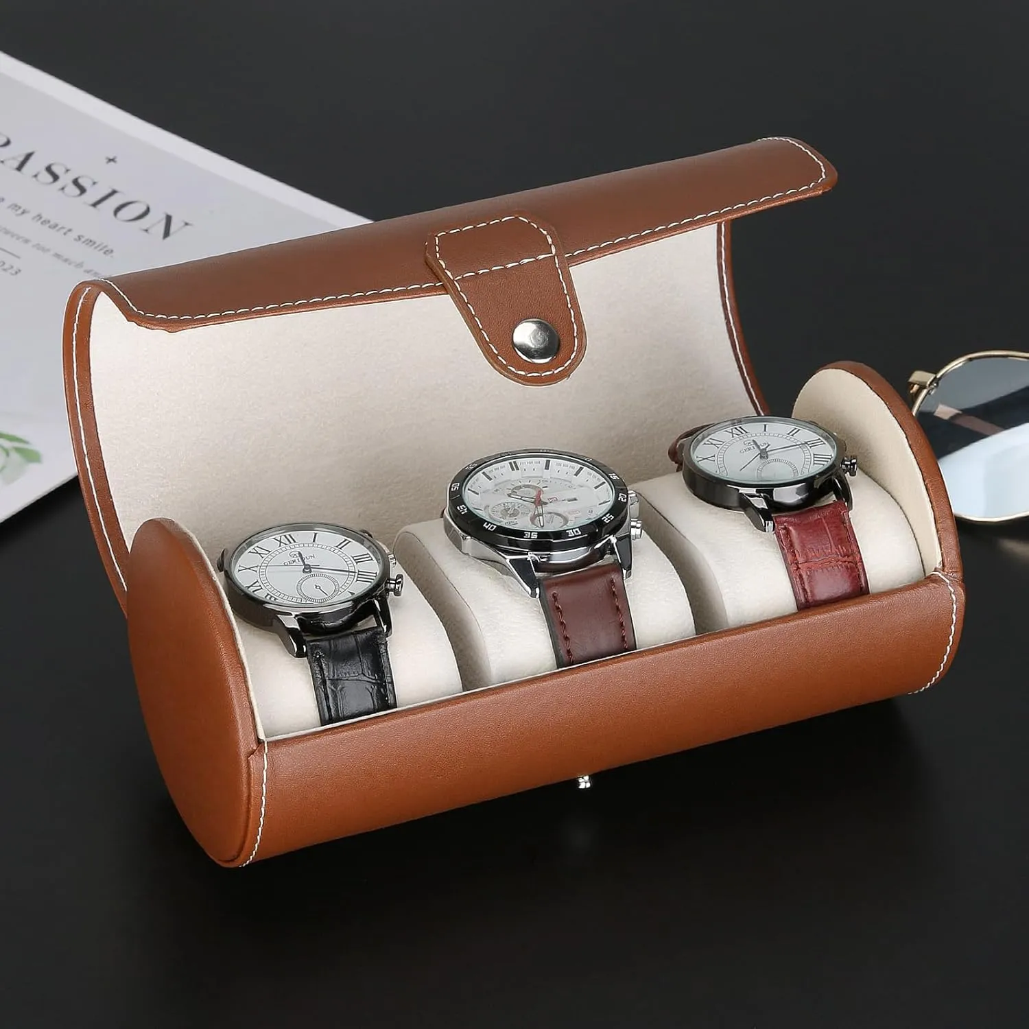 3-Slot Travel Case Roll Organizer for Men, Vegan PU Leather Display Storage Holder for Watch Collection (Brown)