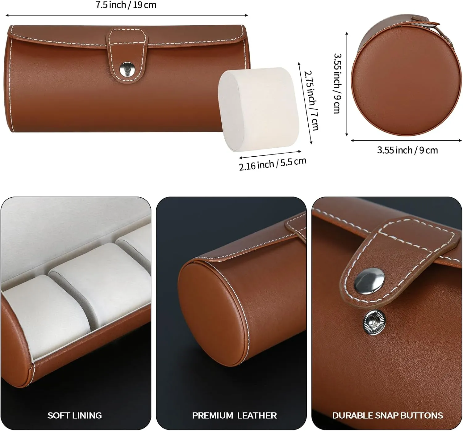 3-Slot Travel Case Roll Organizer for Men, Vegan PU Leather Display Storage Holder for Watch Collection (Brown)