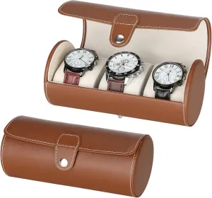 3-Slot Travel Case Roll Organizer for Men, Vegan PU Leather Display Storage Holder for Watch Collection (Brown)