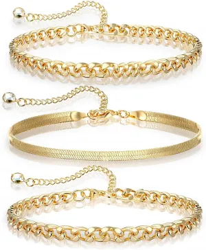 3Pcs 14K Gold Plated Anklet Bracelets for Women, Gold Ankle Bracelets for Women Waterproof, Cuban Link Chain Anklets Set, Layered Anklet Bracelets for Women, Beach Gift Adjustable Size