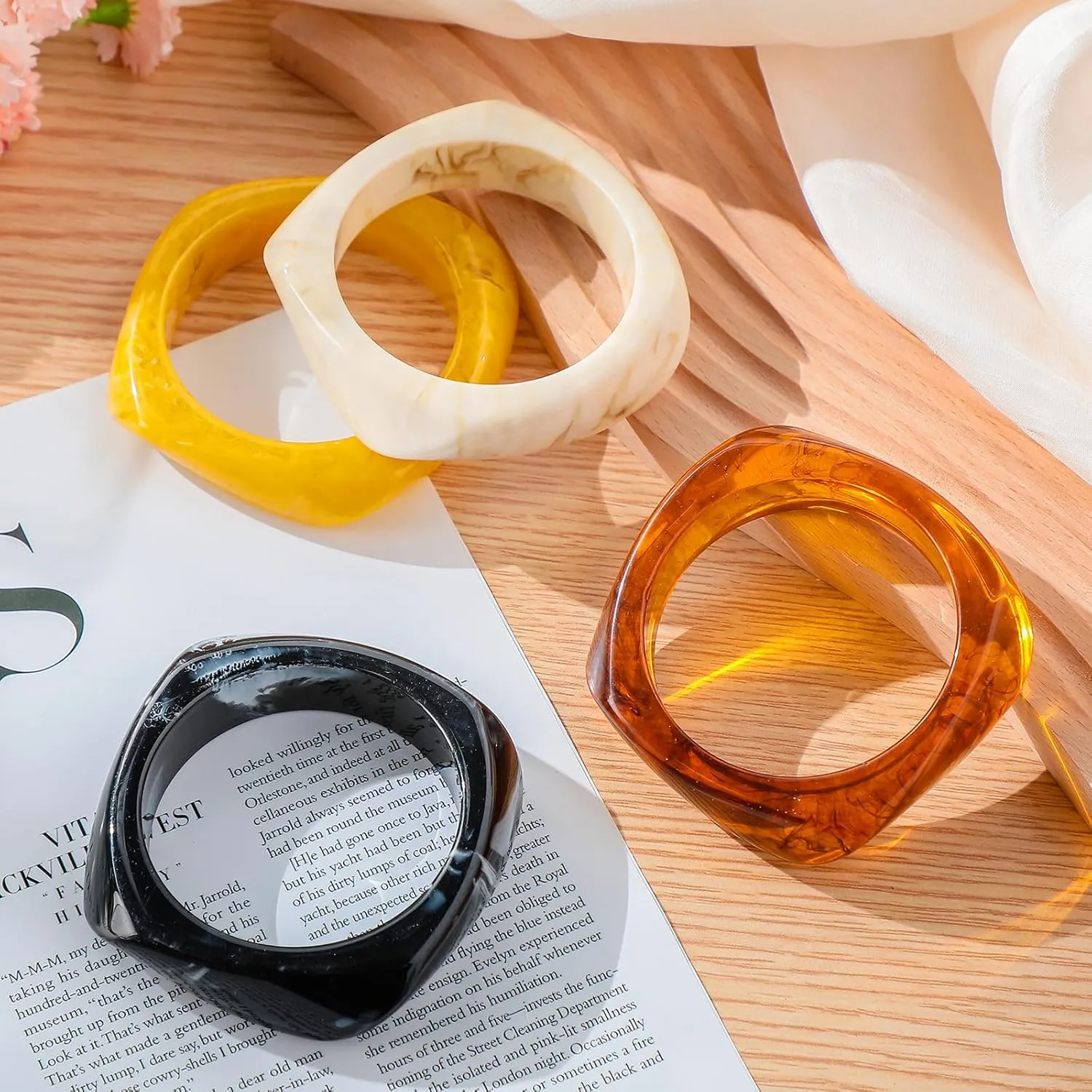 4 Pcs Colorful Square Acrylic Resin Bangle Bracelet Wide Geometric Irregular Wristbands Women