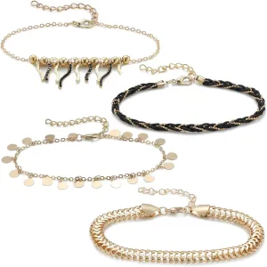 4 Pcs Women Anklets 18K Gold Bracelets Layered Anklets Set Cubic Zirconia Beach Foot Jewelry