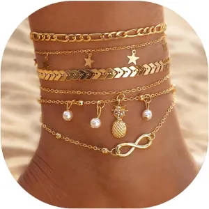 5 PCS Boho Gold Ankle Bracelets for Women14k Gold Ankle Bracelets for WomenPlated Gold Layered AnkletWaterproof Beaded Cuban Link Chain Adjustable Size Hawaii Summer Beach Vacation Foot Jewelry