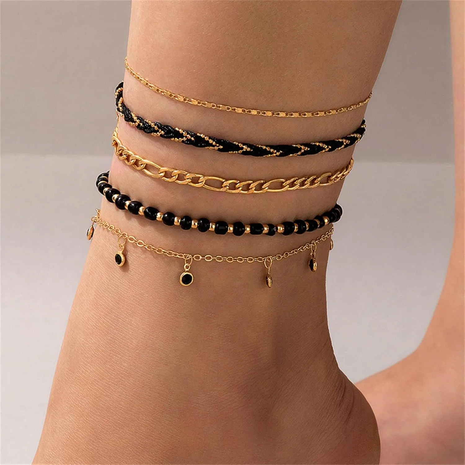 5Pcs Bohemain Layered Beaded Ankle Bracelets for Women,Dainty Stackable Seed Beads Ankle Bracelets Elastic Foot and Hand Chain Jewelry