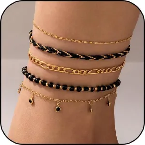 5Pcs Bohemain Layered Beaded Ankle Bracelets for Women,Dainty Stackable Seed Beads Ankle Bracelets Elastic Foot and Hand Chain Jewelry