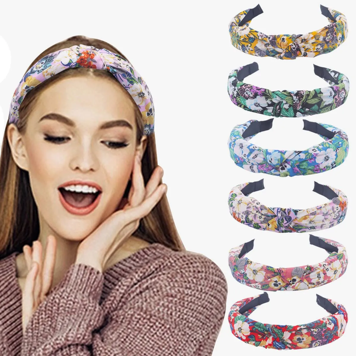 6 Pcs Knotted Bow Headbands,Floral Pattern Knotted Headbands Cross Knot Wide Headbands Bandana Hair Accessories for Women