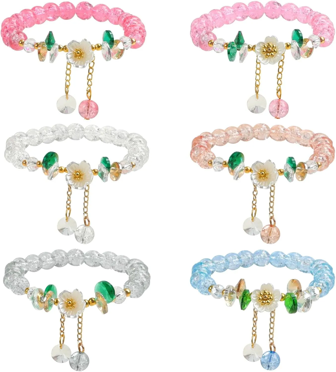 6Packs Colorful Flower Crystal Bracelets,Handmade Stretch Bracelet Floral Beaded Bracelets for Women Jewelry