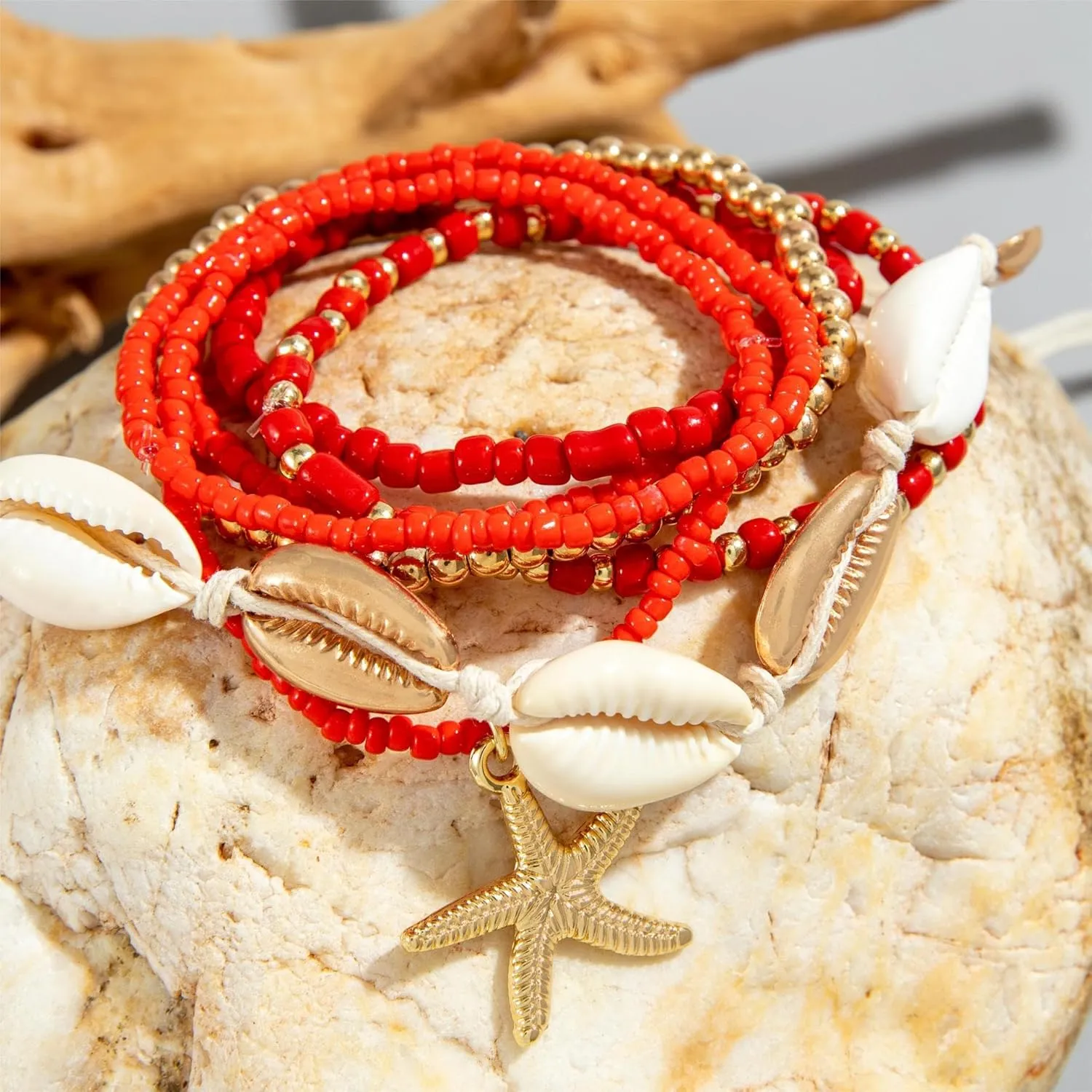 7 Pcs Bohemian Starfish Anklets Gold Boho Ankle Bracelets for Women, Dainty Handmade Adjustable Beaded Starfish & Natural Shell Anklet Set, Waterproof Layered Beach Foot Jewelry for Summer