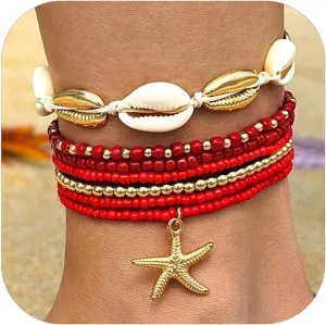 7 Pcs Bohemian Starfish Anklets Gold Boho Ankle Bracelets for Women, Dainty Handmade Adjustable Beaded Starfish & Natural Shell Anklet Set, Waterproof Layered Beach Foot Jewelry for Summer