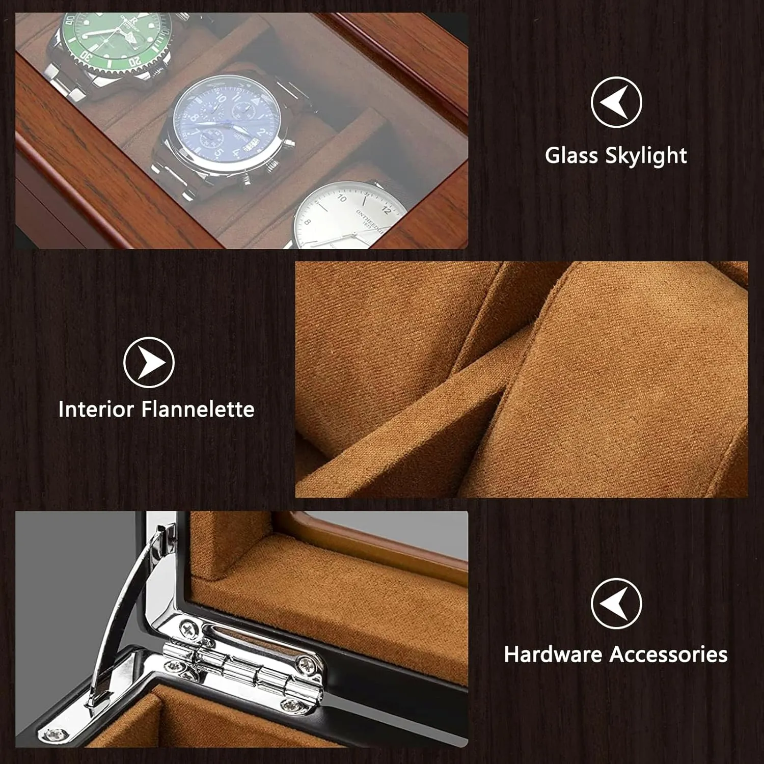 8 Slots Wood Watch Box for men, Watches Storage Box with Glass Lid & 8 Removable Velvet Pillow, Premium Watch Case Men Girls Father's Day Gift