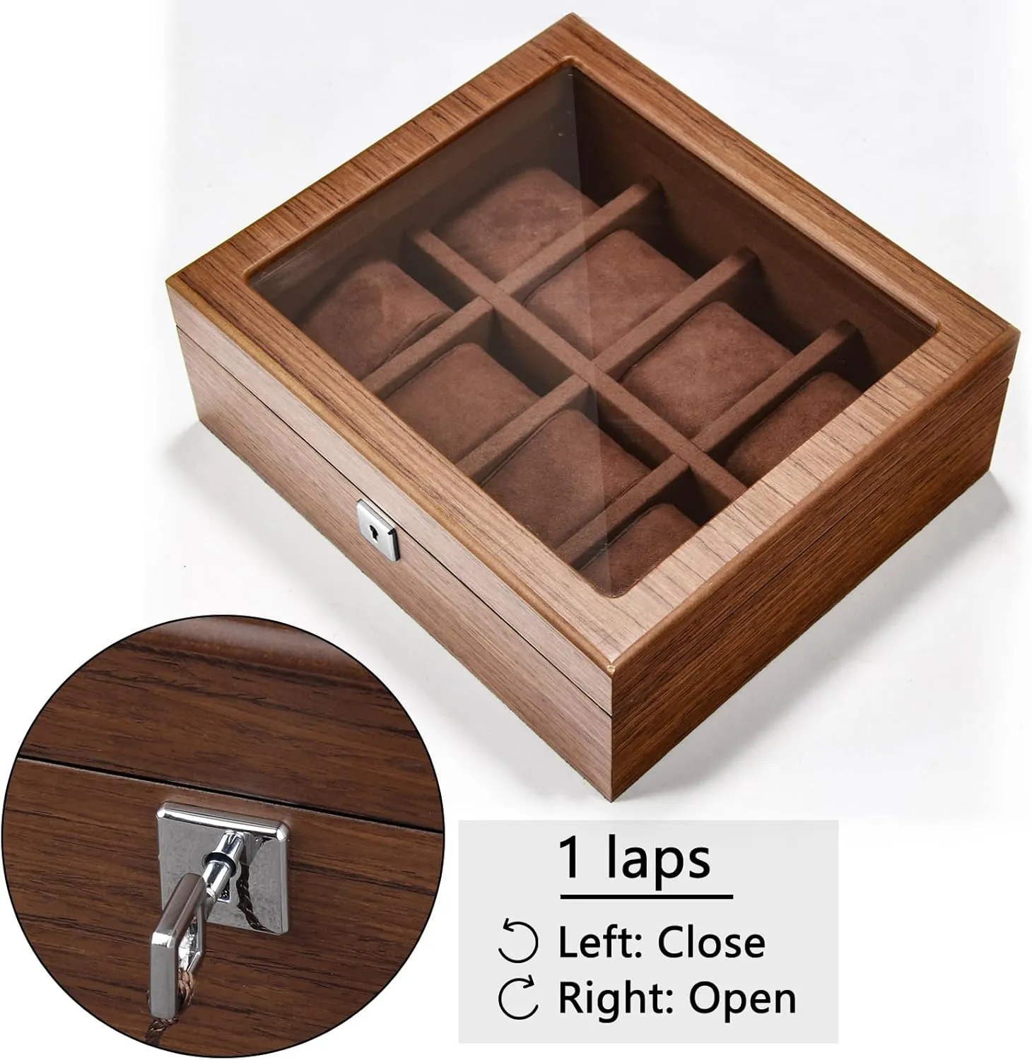 8 Slots Wood Watch Box for men, Watches Storage Box with Glass Lid & 8 Removable Velvet Pillow, Premium Watch Case Men Girls Father's Day Gift