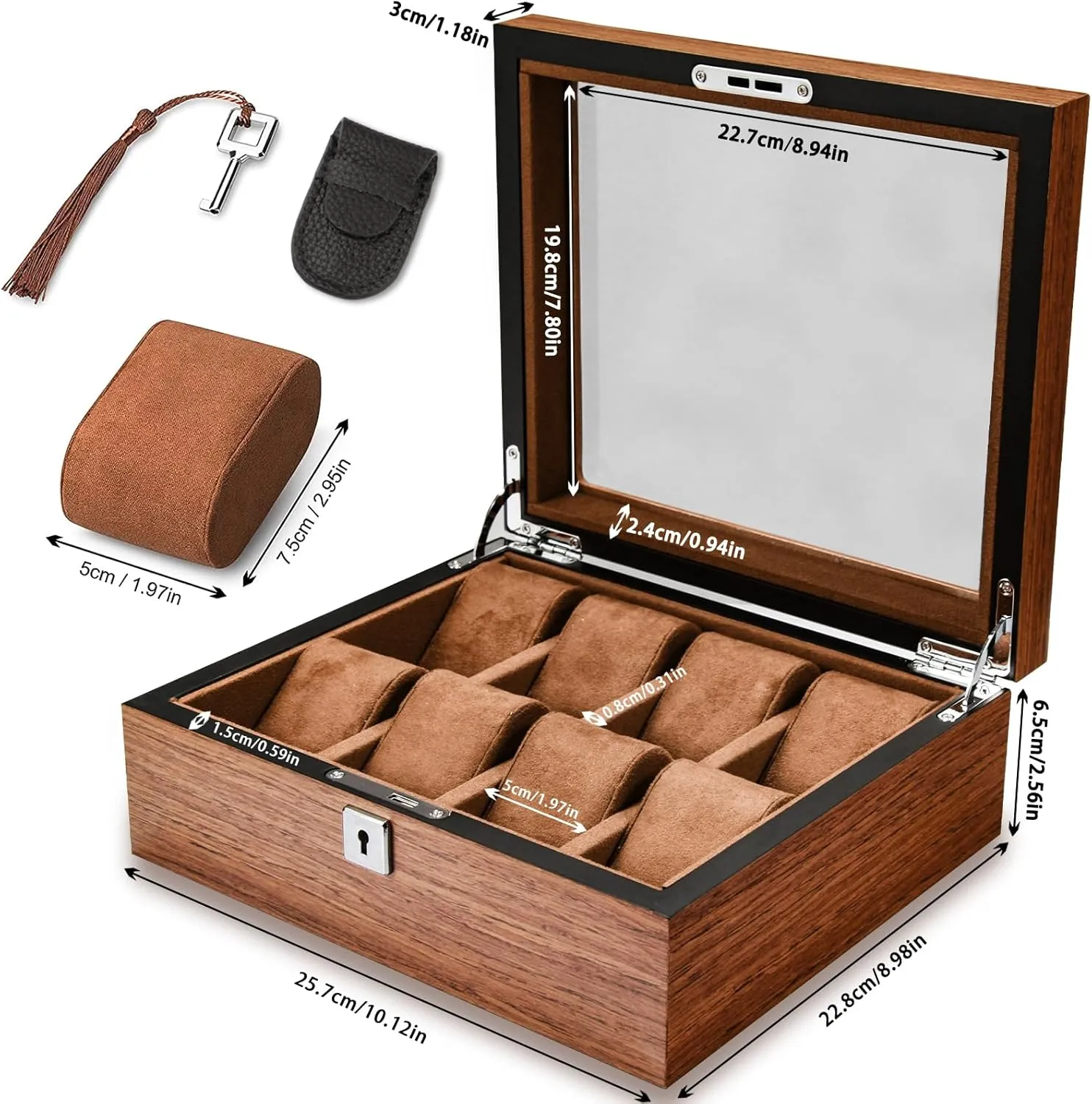 8 Slots Wood Watch Box for men, Watches Storage Box with Glass Lid & 8 Removable Velvet Pillow, Premium Watch Case Men Girls Father's Day Gift