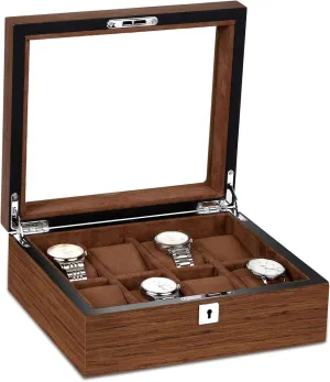 8 Slots Wood Watch Box for men, Watches Storage Box with Glass Lid & 8 Removable Velvet Pillow, Premium Watch Case Men Girls Father's Day Gift
