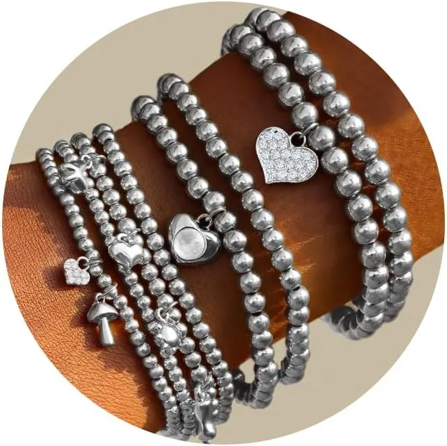 8PCS Gold Beaded Bracelets for Women, 14K Gold Plated Bead Ball Heart Pendant Bracelets, Stackable Stretch Bead Ball Bracelet Diamond Pendant Gold Bead Wide 3MM/4MM/5MM/6MM