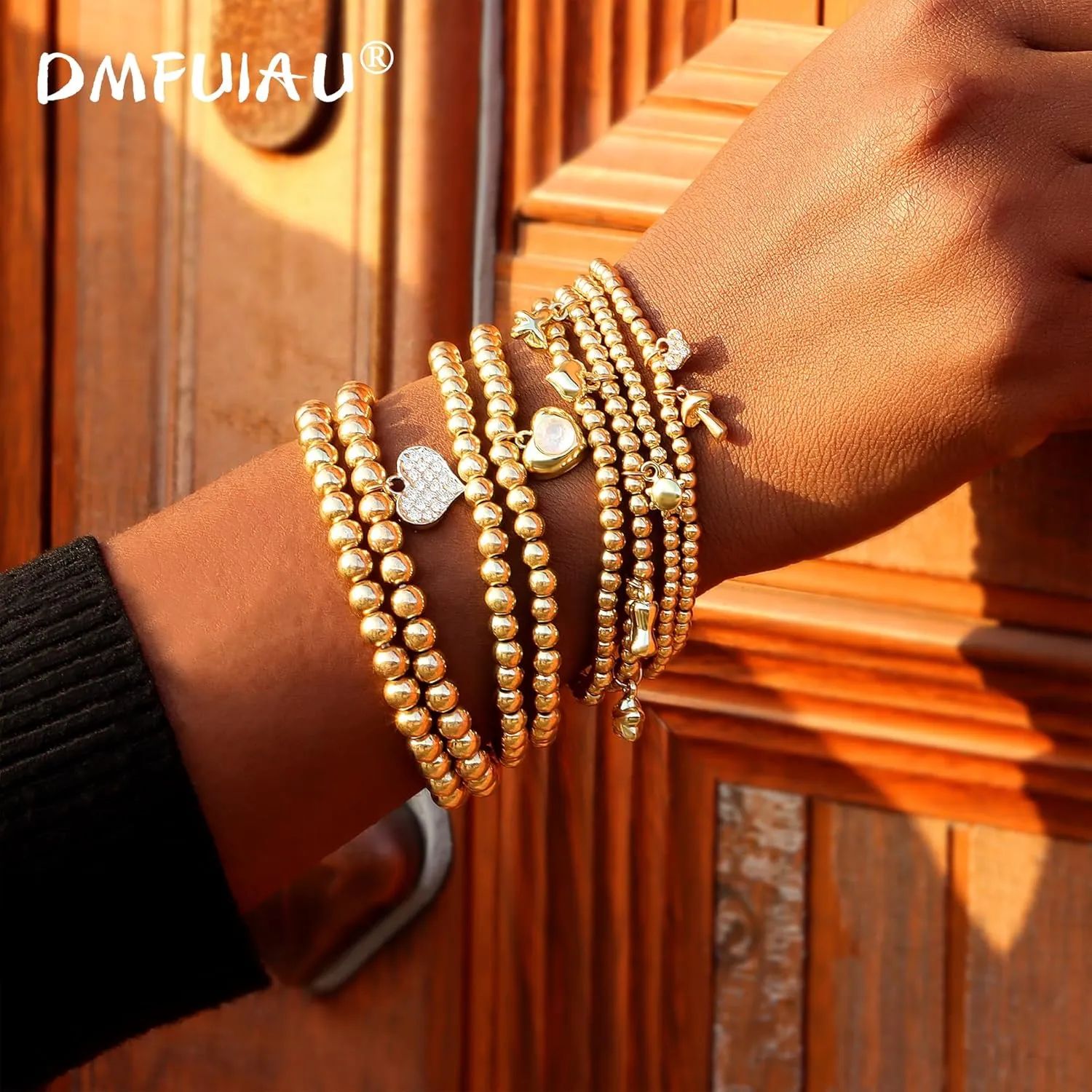 8PCS Gold Beaded Bracelets for Women, 14K Gold Plated Bead Ball Heart Pendant Bracelets, Stackable Stretch Bead Ball Bracelet Diamond Pendant Gold Bead Wide 3MM/4MM/5MM/6MM
