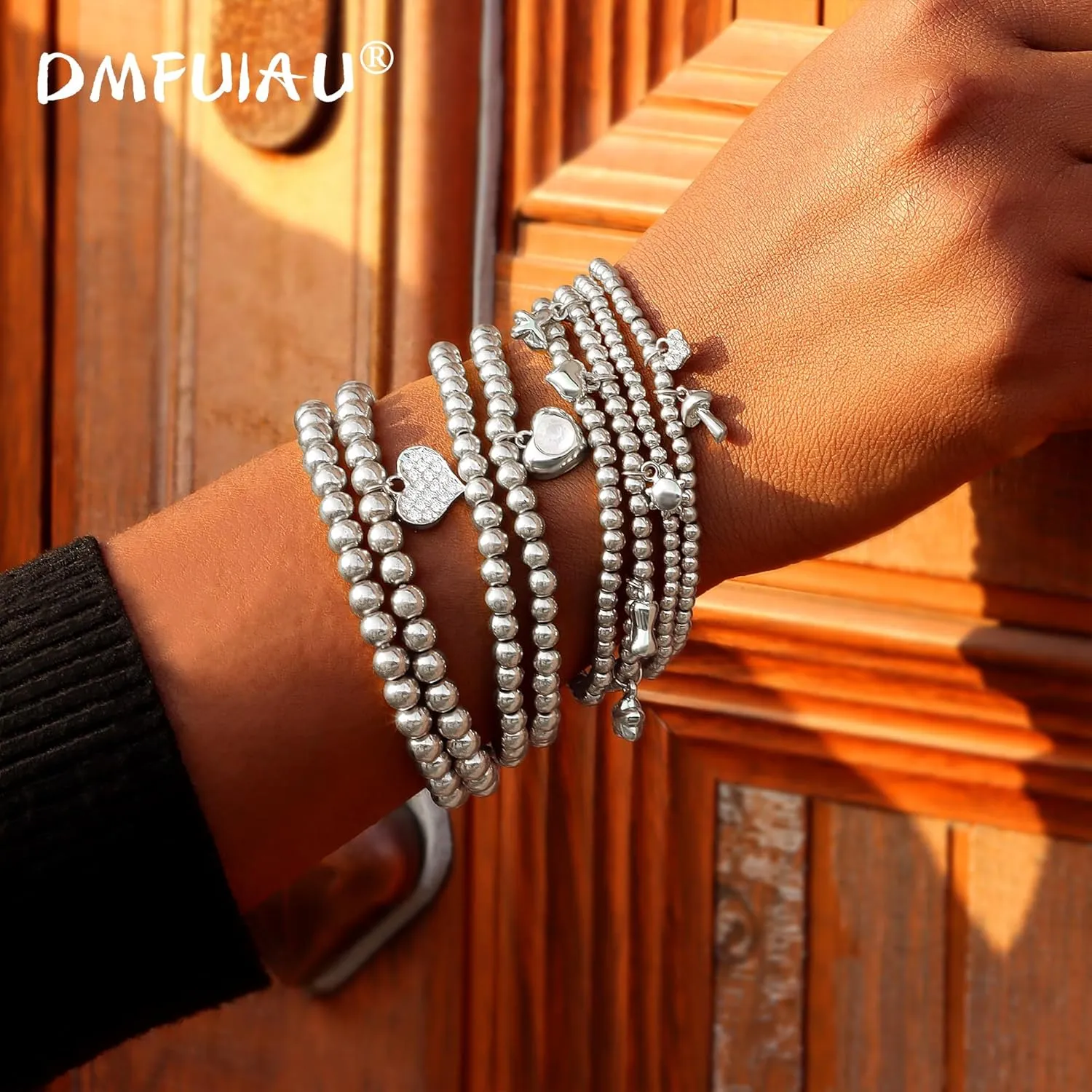 8PCS Gold Beaded Bracelets for Women, 14K Gold Plated Bead Ball Heart Pendant Bracelets, Stackable Stretch Bead Ball Bracelet Diamond Pendant Gold Bead Wide 3MM/4MM/5MM/6MM
