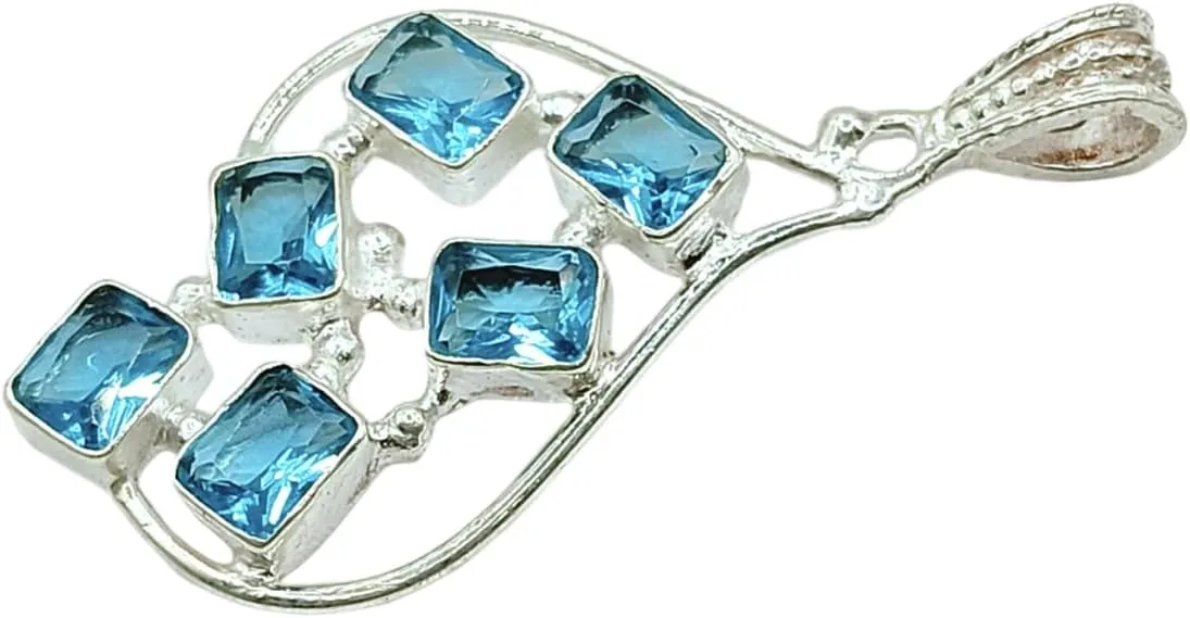 925 Strling Silver Plated Base Blue Topaz Square Shape Gemstone Sterling Silver Pendant, Cushion and Princess Cut Necklaces