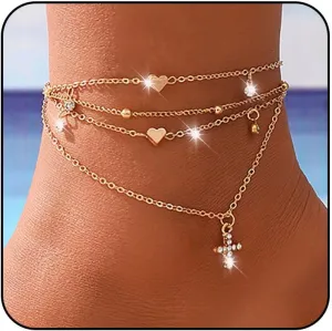 Adzoni Heart Ankle Bracelets for Women 14K Gold Plated Anklets Sterling Silver Layered Cross Pendant Anklet Summer Beach Waterproof Anklet for Women