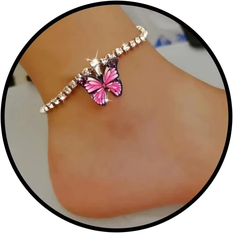 Aktully Butterfly Ankle Bracelets for Women Charms Butterfly Anklets Crystal Tennis Anklets Boho Beach Foot Chain Anklet Colored Zircon Anklet for Women Body Jewelry