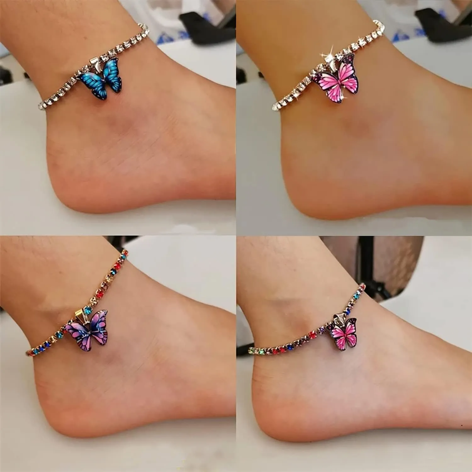 Aktully Butterfly Ankle Bracelets for Women Charms Butterfly Anklets Crystal Tennis Anklets Boho Beach Foot Chain Anklet Colored Zircon Anklet for Women Body Jewelry
