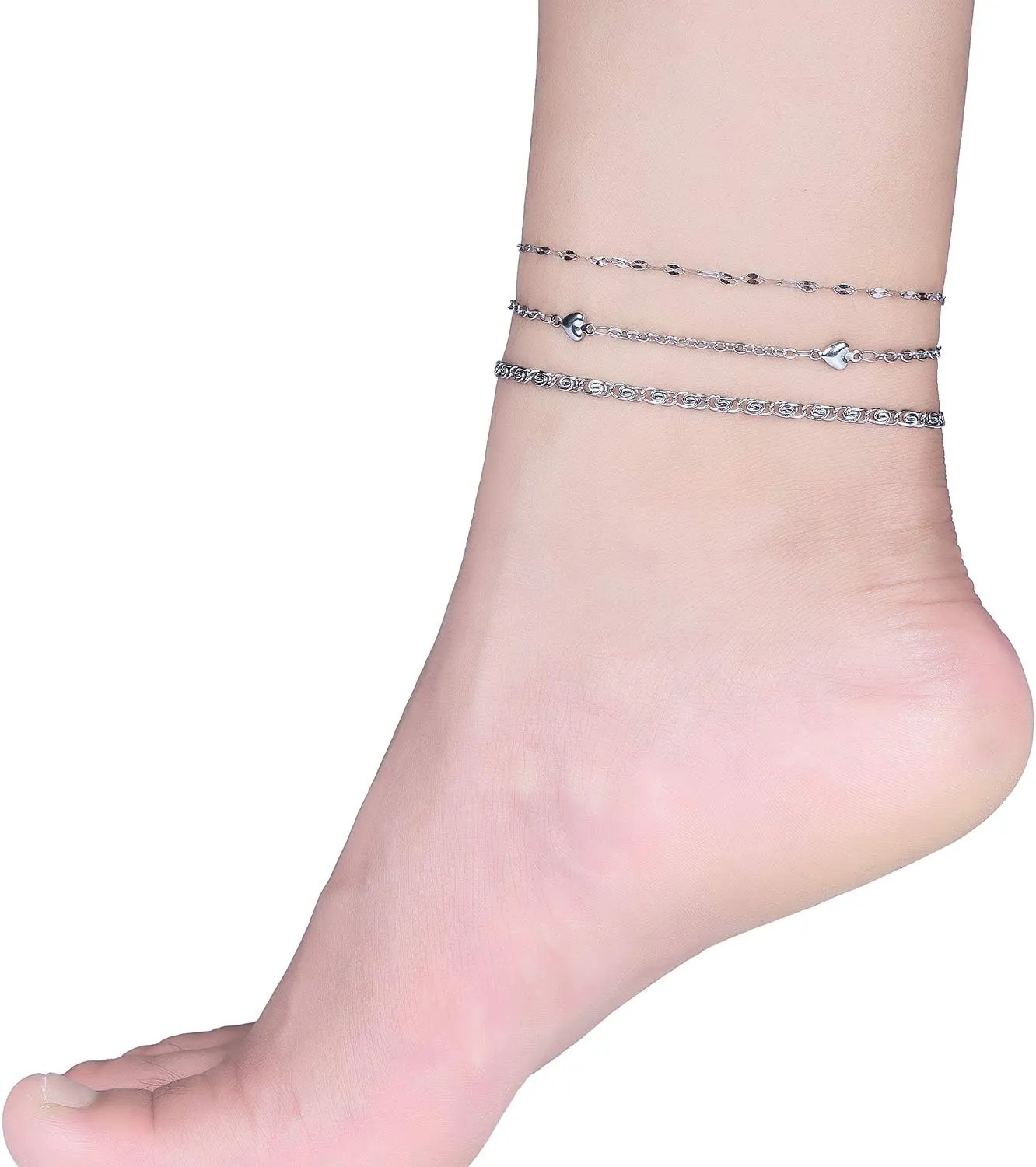 Ankle Bracelet for Women, Stainless Steel Anklets Set 8.2" 2" Adjustable Waterproof Foot Chain Jewelry Gift