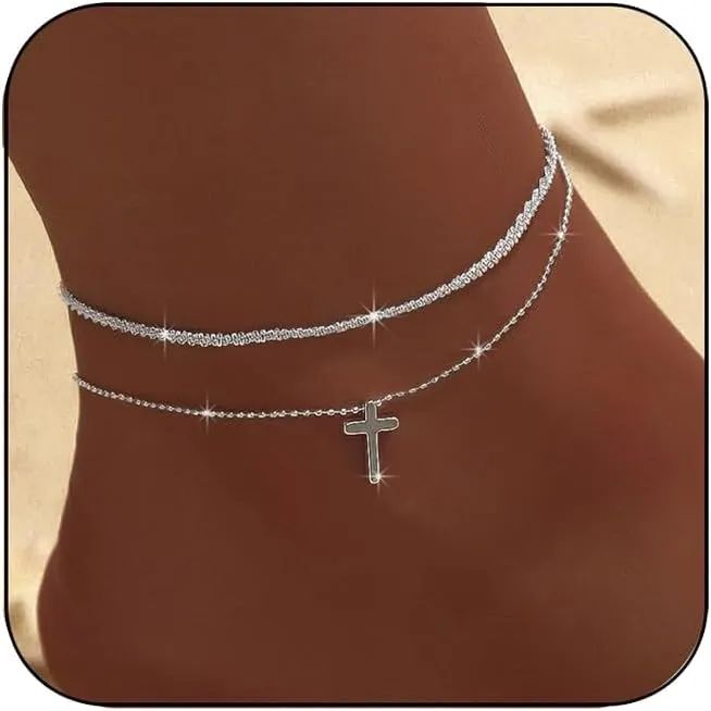 Ankle Bracelets for Women Gold Silver Layered Glitter Anklet for Women Waterproof Beach Cross Anklet Set Dainty Summer Foot Jewelry