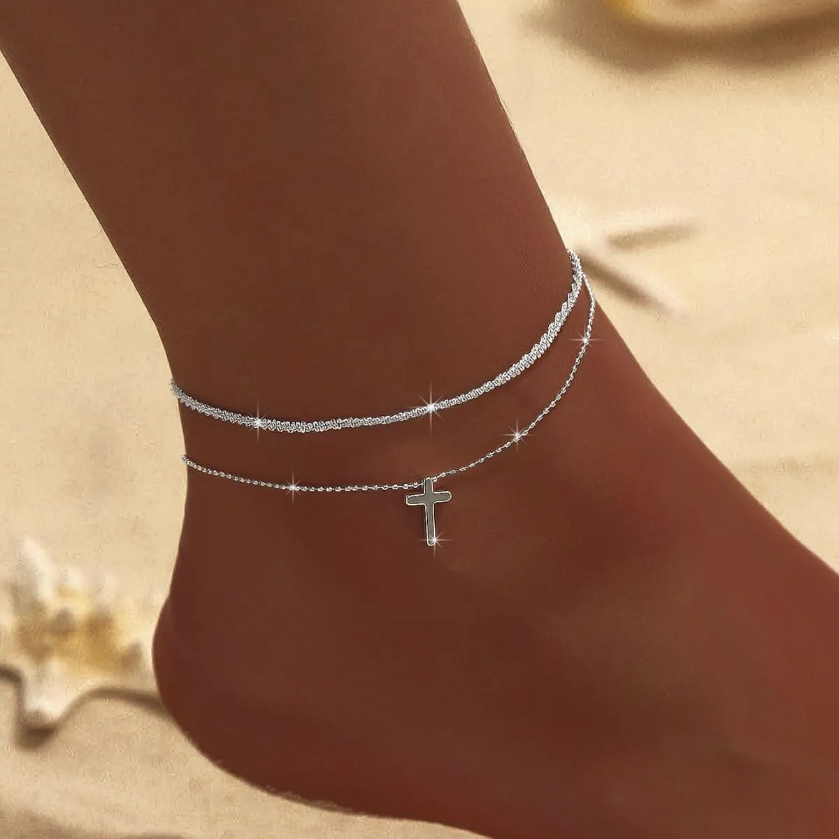 Ankle Bracelets for Women Gold Silver Layered Glitter Anklet for Women Waterproof Beach Cross Anklet Set Dainty Summer Foot Jewelry