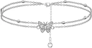 Ankle Bracelets for Women Silver Butterfly Double Layered Initial Anklets Adjustable Boho Foot Chain Summer Cute Beach Gift one size