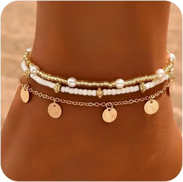 Ankle Bracelets for Women Stretch Boho Pearl Bead Gold Anklets Layered Sequins Foot Chain Hawaiian Beach Conch Summer Vacation Travel Foot Jewelry