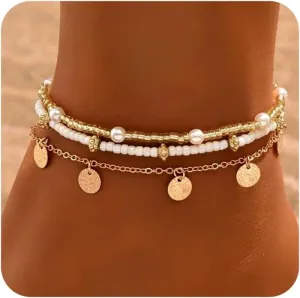 Ankle Bracelets for Women Stretch Boho Pearl Bead Gold Anklets Layered Sequins Foot Chain Hawaiian Beach Conch Summer Vacation Travel Foot Jewelry