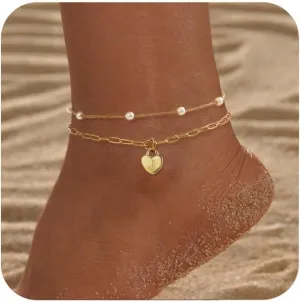 Ankle Bracelets for Women Waterproof 14K Gold Plated A-Z Initial Anklet Dainty Letter Heart Layered Pearl Anklet Adjustable Holiday Summer Beach Jewelry Birthday Gifts for Her