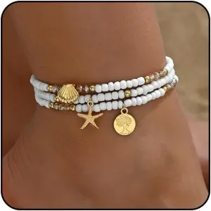 Ankle Bracelets for Women Waterproof Beach Jewelry for Women Elastic Beaded Anklets Boho Seashell Pearl Starfish Anklets for Women Foot Jewelry